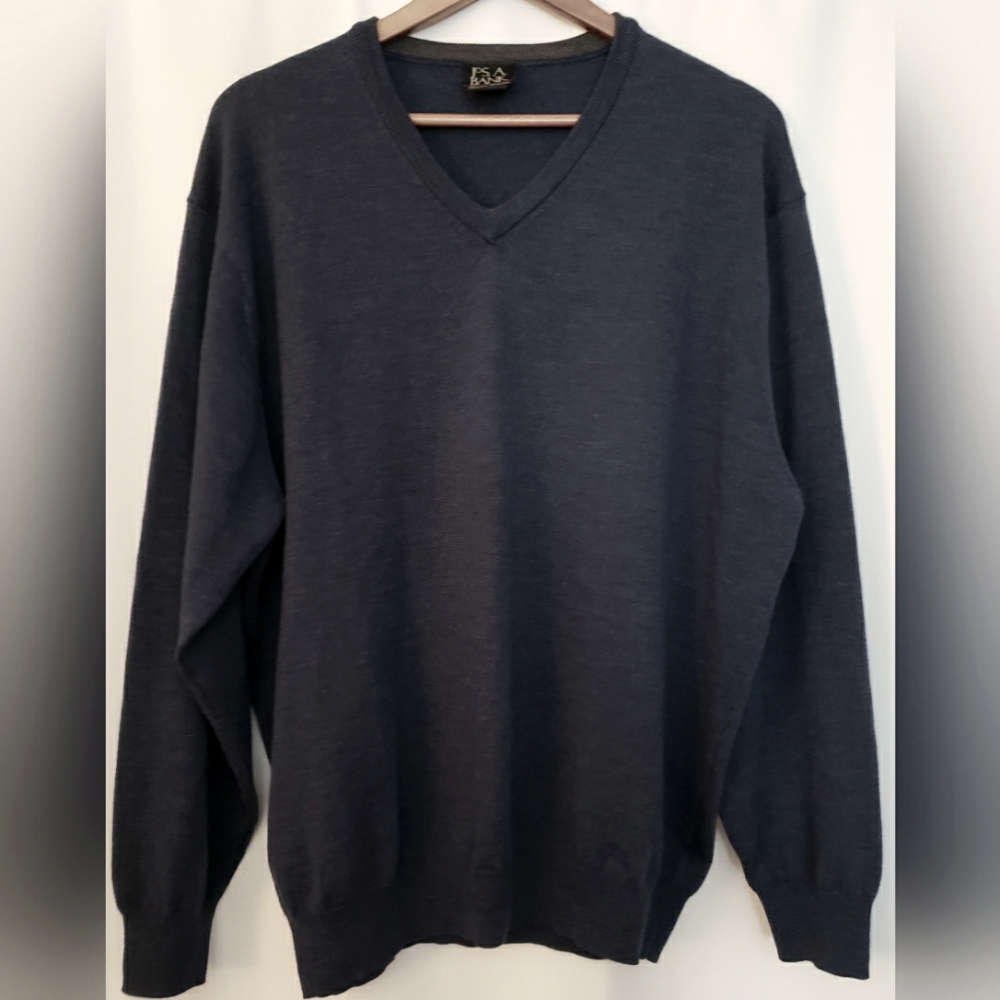 Jos. A. Bank Signature Mens Blue Sweater Italian Merino Wool V-Neck Size XL